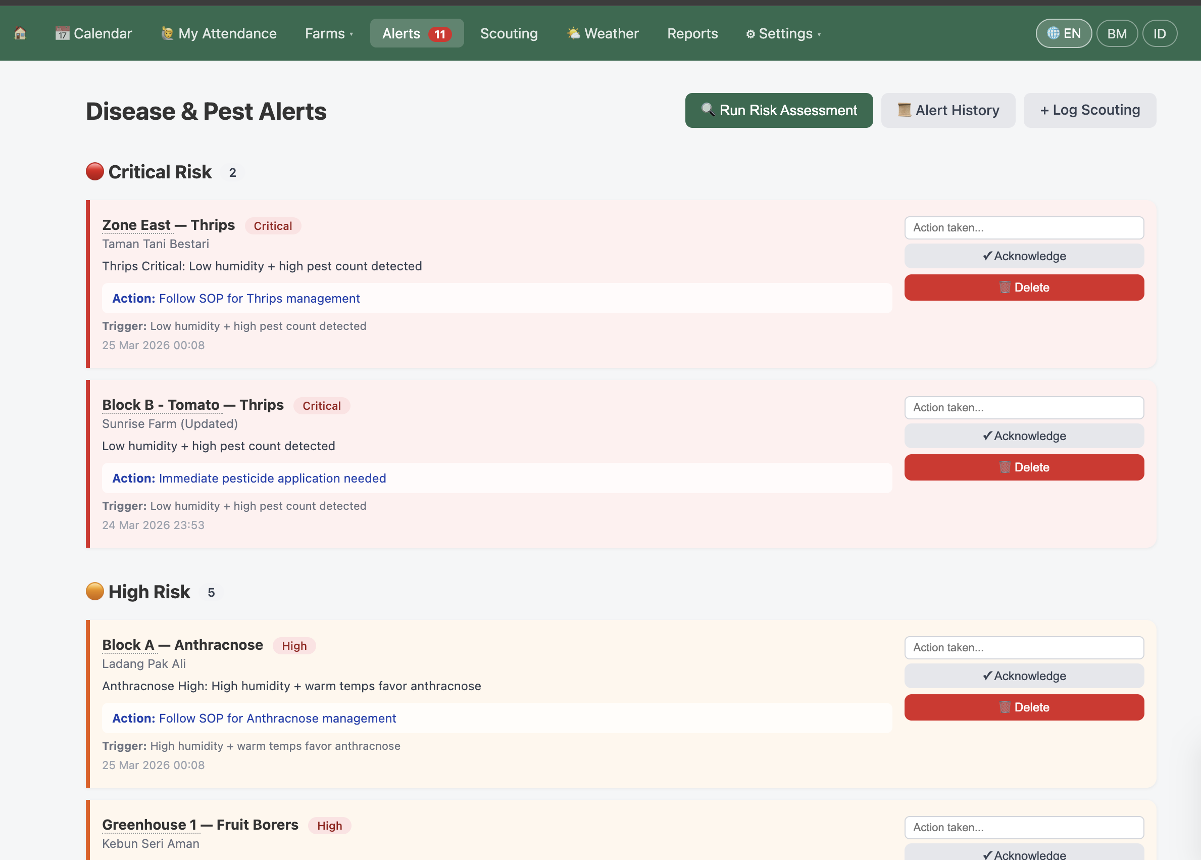 Disease and pest alerts dashboard showing 7 active monitors with risk severity